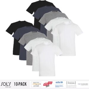 10 Pack Sol's Heren T-Shirt 100% biologisch katoen Ronde hals Zwart, Donker Grijs, Grijs / Lichtgrijs gemeleerd, wit Maat M