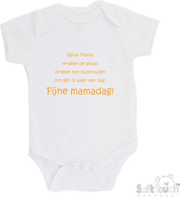 100% katoenen Romper "Relax Mama Vergeet de afwas Vergeet het huishouden Morgen is weer een dag FIJNE MAMADAG!" Moederdag Unisex Katoen Wit/mosterd Maat 56/62