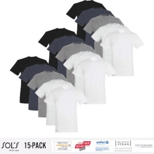 15 Pack Sol's Heren T-Shirt 100% biologisch katoen Ronde hals Zwart, Donker Grijs, Grijs / Lichtgrijs gemeleerd, wit Maat 4XL