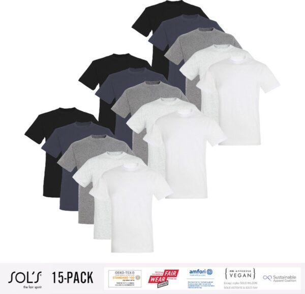 15 Pack Sol's Heren T-Shirt 100% biologisch katoen Ronde hals Zwart, Donker Grijs, Grijs / Lichtgrijs gemeleerd, wit Maat L