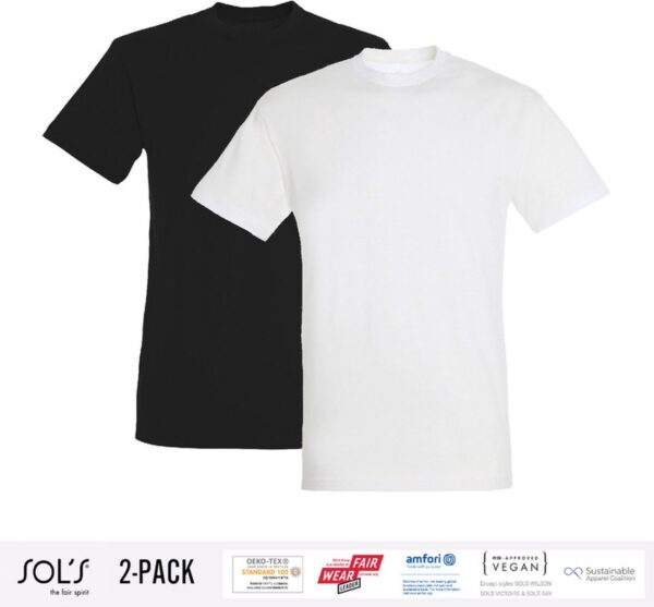 2 Pack Sol's Heren T-Shirt 100% biologisch katoen Ronde hals Zwart en Wit Maat XL