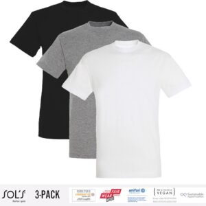 3 Pack Sol's Heren T-Shirt 100% biologisch katoen Ronde hals Zwart, Grijs en Wit Maat 3XL
