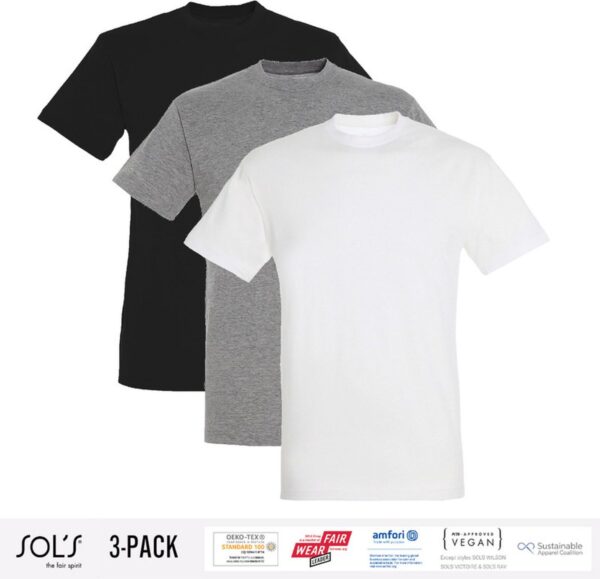3 Pack Sol's Heren T-Shirt 100% biologisch katoen Ronde hals Zwart, Grijs en Wit Maat S