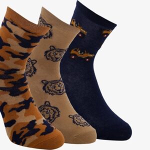 3 paar middellange kinder sokken met stoere print - Bruin - Maat 23/26