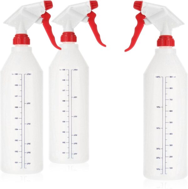 3 x spuitfles met schaalverdeling, waterpompsproeier met 28/400 schroefdraad voor huishouden, tuin, werkplaats, auto, verstuiverfles met verstelbaar mondstuk, 900 ml (NBR)