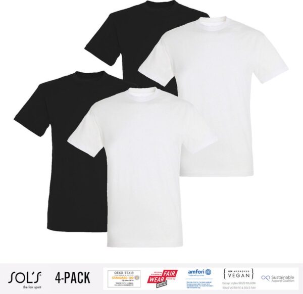 4 Pack Sol's Heren T-Shirt 100% biologisch katoen Ronde hals Zwart en Wit Maat 3XL