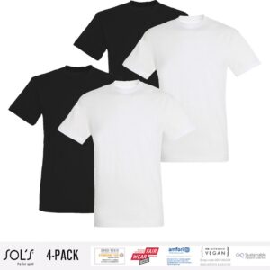 4 Pack Sol's Heren T-Shirt 100% biologisch katoen Ronde hals Zwart en Wit Maat M
