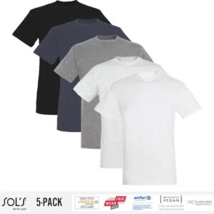 5 Pack Sol's Heren T-Shirt 100% biologisch katoen Ronde hals Zwart, Donker Grijs, Grijs / Lichtgrijs gemeleerd, wit Maat 4XL