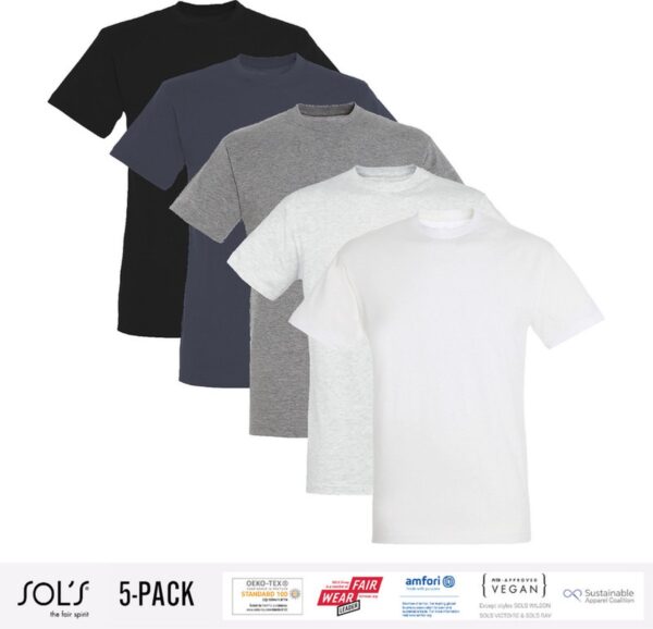 5 Pack Sol's Heren T-Shirt 100% biologisch katoen Ronde hals Zwart, Donker Grijs, Grijs / Lichtgrijs gemeleerd, wit Maat 4XL