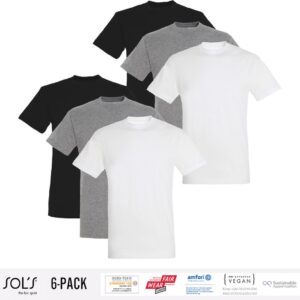 6 Pack Sol's Heren T-Shirt 100% biologisch katoen Ronde hals Zwart, Grijs en Wit Maat S