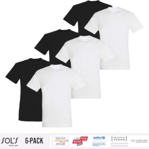 6 Pack Sol's Heren T-Shirt 100% biologisch katoen Ronde hals Zwart en Wit Maat S