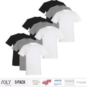 9 Pack Sol's Heren T-Shirt 100% biologisch katoen Ronde hals Zwart, Grijs en Wit Maat XL