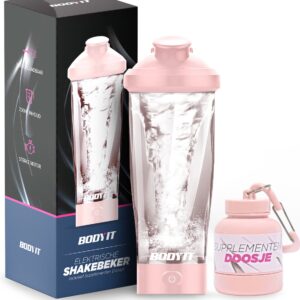 BODYIT® - Elektrische Shakebeker met Supplementen Doosje - 700ml - Lekvrije Proteïne Shaker - USB-Oplaadbare Shakebekers met Accu - Roze
