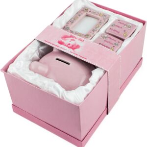 BRUBAKER Set 'Mijn eerste spaarvarkent' - roze voor eerste spaargeld - eerste melktanden - haar en met fotolijst