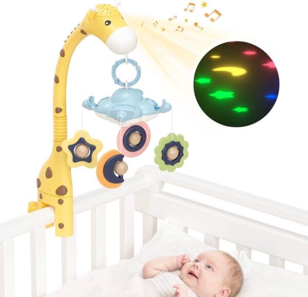 Baby Muziekmobiel Sterren Projector Lamp 'Giraffe Geel' Bed Box Wiegje - Roterende Bijtring en Rammelaar Speelgoed - Slaaphulp White Noise Sterrenprojector - Tumama®