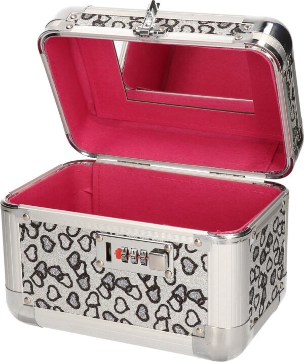 Beautycase met grijze hartjes en cijferslot 21 x 14 x 21 cm - Make up koffers - Sieradenkist/juwelenkist