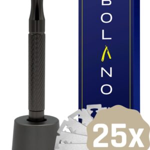 Bolano® Safety Razor Mat Zwart + Houder + 25 RVS Scheermesjes Double Edge - Klassiek Scheermes voor Mannen en Vrouwen - Duurzaam Scheren - Zero Waste - RVS Messing - Dichte zijkant