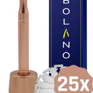 Bolano® Safety Razor Rose Goud + Houder + 25 RVS Scheermesjes Double Edge - Klassiek Scheermes voor Mannen en Vrouwen - Duurzaam Scheren - Zero Waste - RVS Messing - Dichte zijkant