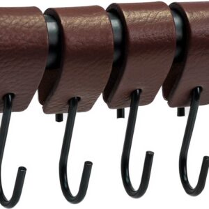 Brute Strength - Leren S-haak hangers - Bruin - 4 stuks - 12,5 x 2,5 cm - Zwart zilver - Leer - handdoekhaakjes - Ophanghaken - kapstokhaak