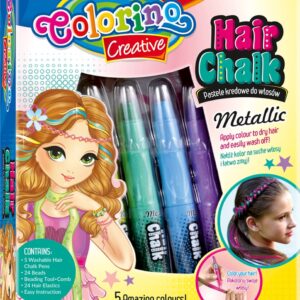 Colorino-Haarkrijt-5 Metallic kleuren-Tijdelijke haarkleuring-24 haar elastiekjes-kam-24 kralen.