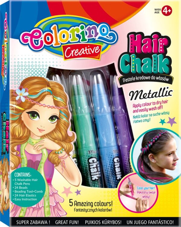 Colorino-Haarkrijt-5 Metallic kleuren-Tijdelijke haarkleuring-24 haar elastiekjes-kam-24 kralen.