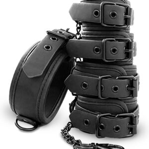 Complete Bondage Set - Zwart - Halsband - Handboeien - Enkelboeien - Gemaakt van degelijk kunstleer - Gespsluitingen