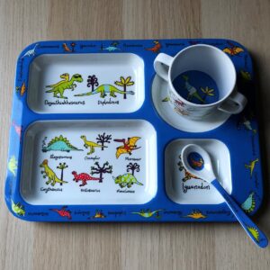 Dino Dinosaurus kinder servies set melamine (vakjesbord + trainingsbeker + lepel) - Tyrrell Katz