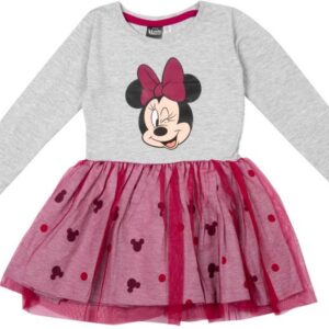 Disney Minnie Mouse Jurk - Lange Mouw - Tule - Grijs/Cerise - Maat 110/116