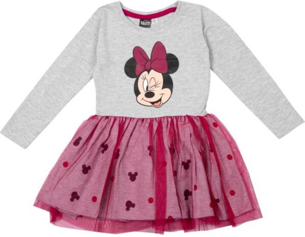 Disney Minnie Mouse Jurk - Lange Mouw - Tule - Grijs/Cerise - Maat 110/116