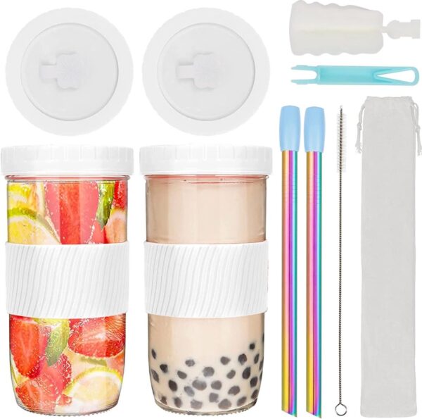 Drinkglazen met deksel en rietje, set van 2 Bubble Tea bekers, schroefglazen met deksel 730 ml, herbruikbare Mason Jar inmaakglas, smoothieglazen, cocktailglas, mok