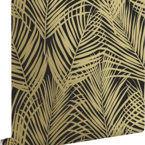 ESTAhome behang palmbladeren zwart en goud - 139318 - 0,53 x 10,05 m