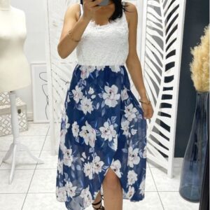 Exclusieve kanten jurk met bloemen - Wit/blauw - one size (36-40)