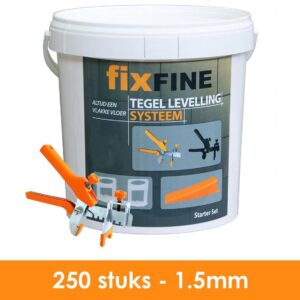 Fixfine - Starter Set - 250 stuks - Tegel Levelling Systeem - Tegel Nivelleersysteem - 1,5mm - PRO - 250 clips + 250 wiggen + tang - Nivelleer systeem