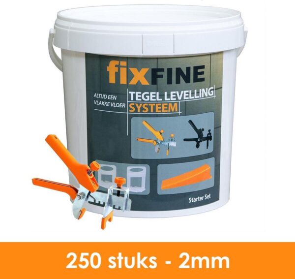 Fixfine - Starter Set - 250 stuks - Tegel Levelling Systeem - Tegel Nivelleersysteem - 2mm - PRO - 250 clips + 250 wiggen + tang