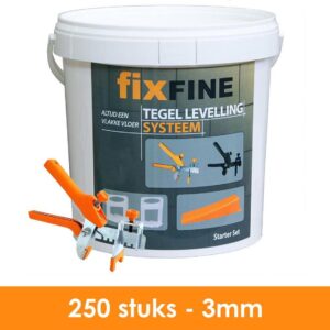 Fixfine - Starter Set - 250 stuks - Tegel Levelling Systeem - Tegel Nivelleersysteem - 3mm - PRO - 250 clips + 250 wiggen + tang