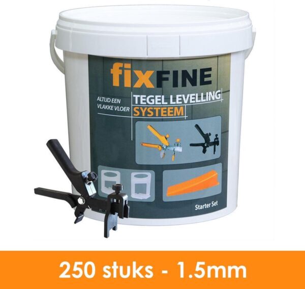 Fixfine - Starter Set - Tegel Levelling Systeem - Tegel Nivelleersysteem - 250 stuks - 1,5mm - voor wand en vloer tegels - 250x clips 250x wiggen 1 tang