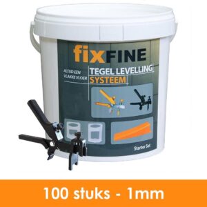 Fixfine Tegel Levelling Starter Set - 100 stuks - 1mm Clips, Keggen en Tang - Emmer van 10 Liter - Geschikt voor Tegels van 3 tot 13mm Dikte