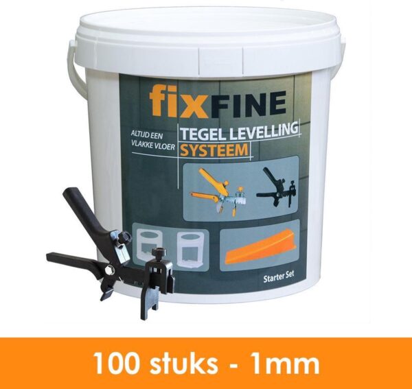 Fixfine Tegel Levelling Starter Set - 100 stuks - 1mm Clips, Keggen en Tang - Emmer van 10 Liter - Geschikt voor Tegels van 3 tot 13mm Dikte