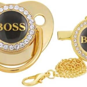 Fopspeen met clip- BOSS - 0 - 18 Maanden - Zwart / Goud - Silica gel - Luxe fopspeen met diamanten - Baby geschenk