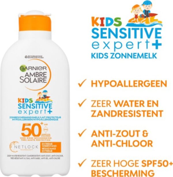 GARNIER - AMBRE - SOLAIRE - ZONNEBRANDMELK - ZONNEBRAND - ZONDER CHLOOR - WATERPROOF - NIEUWE FORMULE - VOOR KINDEREN - KINDERHUID - SPF 50 - 200ML