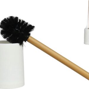 Gerimport Toiletborstel met Houder Wit met Houtlook 10x36cm - Stijlvol en Hygiënisch Vrijstaand Design