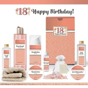 Geschenkset "18 Jaar, Happy Birthday!" - 9 producten - 790 gram | Luxe Cadeaubox voor haar - Wellness Pakket Vrouw - Giftset Vriendin - Cadeaupakket Collega - Cadeau Zus - Verjaardag - Gefeliciteerd Cadeau - Goud - Zalmroze
