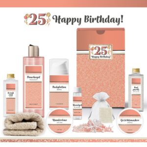Geschenkset "25 Jaar, Happy Birthday!" - 9 producten - 790 gram | Luxe Cadeaubox voor haar - Wellness Pakket Vrouw - Giftset Vriendin - Moeder - Cadeaupakket Collega - Cadeau Zus - Verjaardag - Gefeliciteerd Cadeau - Goud - Zalmroze