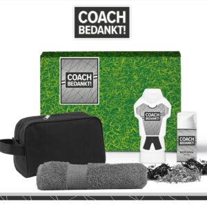 Geschenkset "Coach Bedankt!" - 4 producten - 800 gram | Toilettas - Cadeau - Man - Toernooi - Voetbal - Volleybal - Hockey - Handbal - Basketbal - Korfbal - Trefbal - Waterpolo - Rugby - Sport - Wedstrijd - Showergel - Giftset - Trainer - Grijs