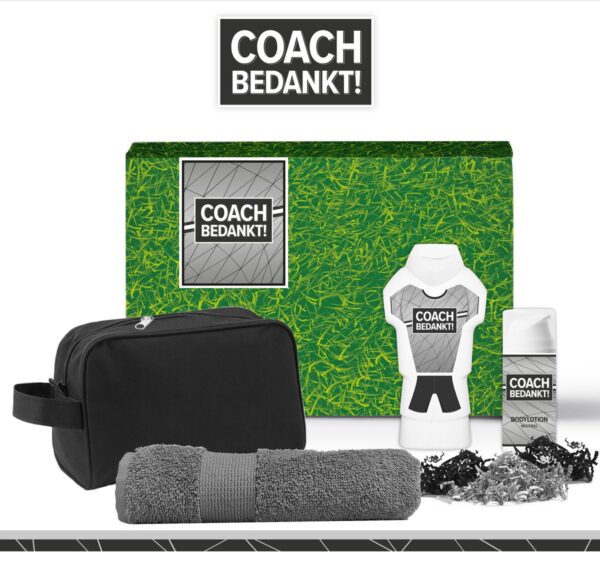 Geschenkset "Coach Bedankt!" - 4 producten - 800 gram | Toilettas - Cadeau - Man - Toernooi - Voetbal - Volleybal - Hockey - Handbal - Basketbal - Korfbal - Trefbal - Waterpolo - Rugby - Sport - Wedstrijd - Showergel - Giftset - Trainer - Grijs
