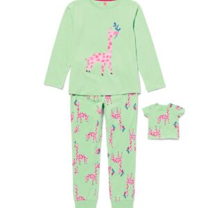 HEMA Kinder Pyjama Stretch Katoen Giraf En Poppennachtshirt Groen (groen)