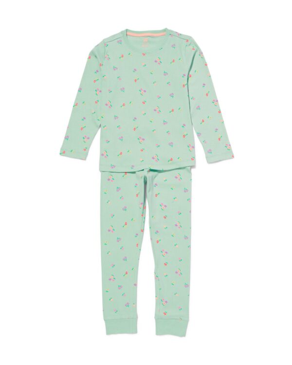 HEMA Kinderpyjama Met Bloemen Rib Katoen/stretch Lichtgroen (lichtgroen)