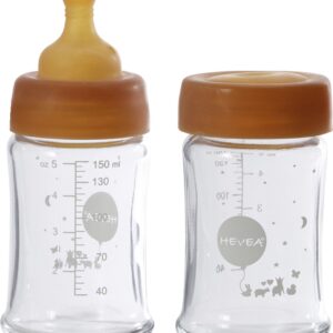 HEVEA - Wide Neck glazen drinkfles - 150ml - 2 stuks - borosilicaatglas - 100% natuurrubber