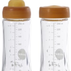 HEVEA Wide Neck glazen drinkfles | 250ml | 2 stuks | borosilicaat glas | 100% natuurrubber