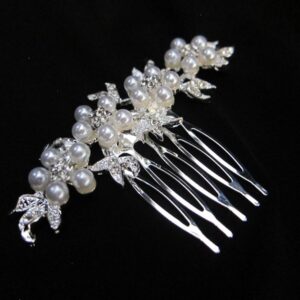 Haarkam zilver | Bloemen - Parels - Diamantjes | Haarsieraad Bruid - Gala | 8 cm
